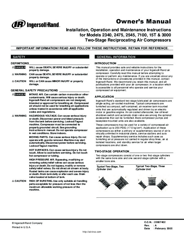 Ingersoll R Air Compressor Model 2545 Manual